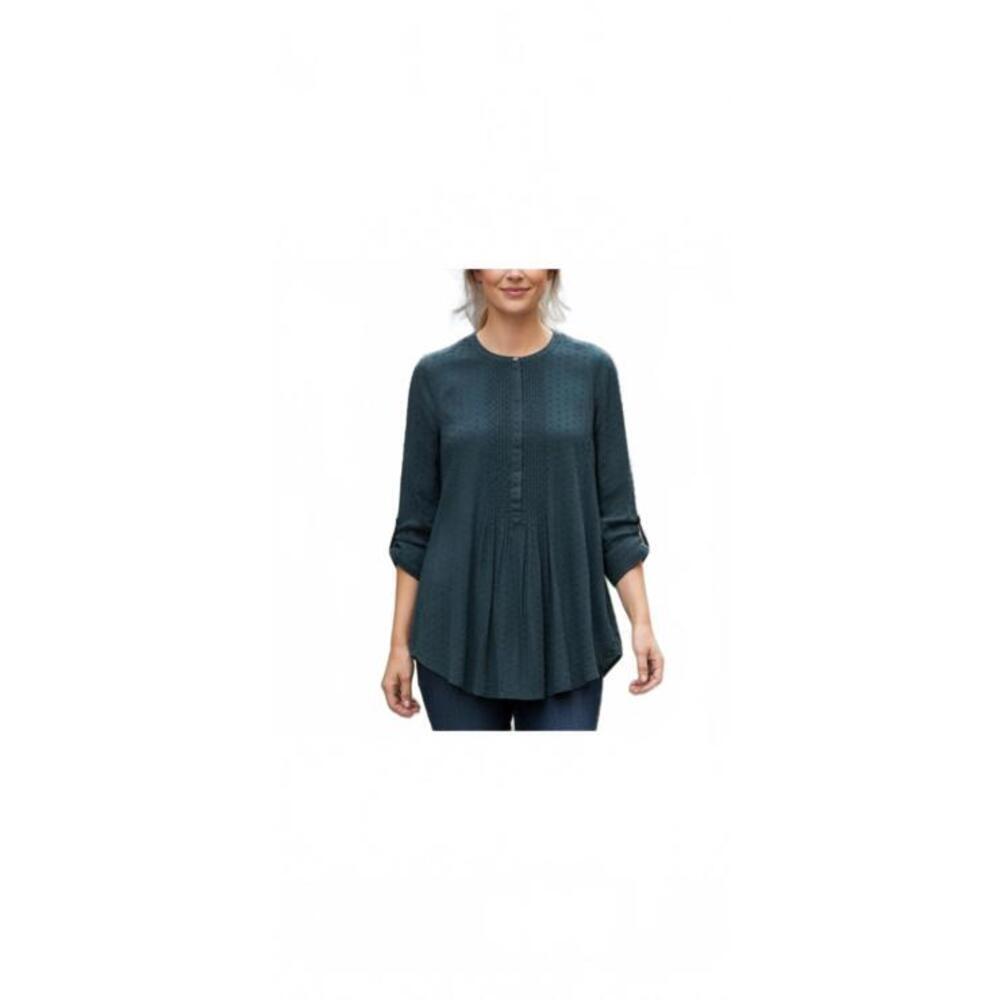J.Jill Women's Long Sleeve Dark Green 100% Cotton Pintuck Tunic Blouse Large